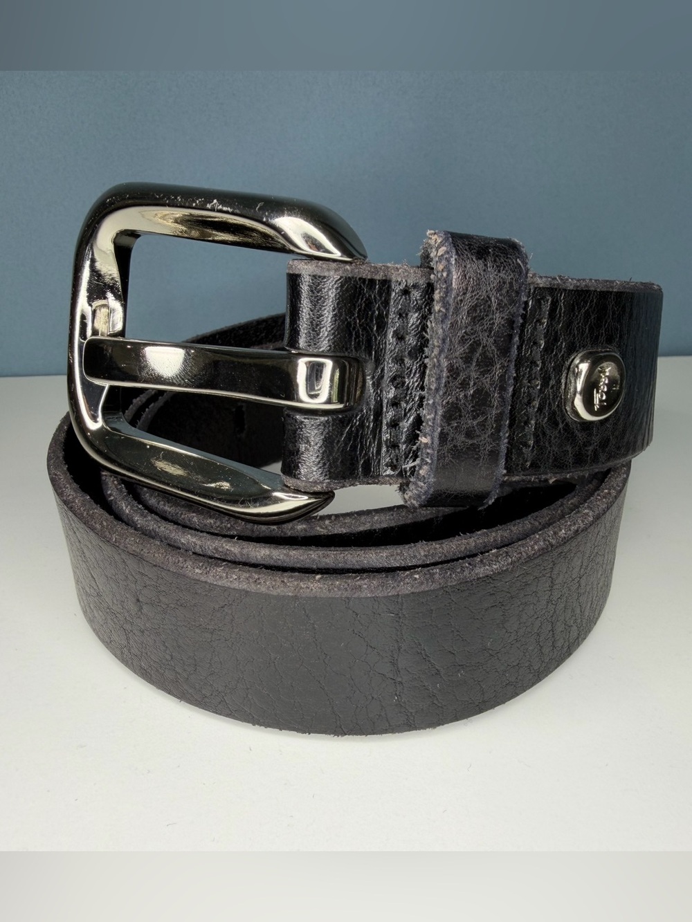 Fossil Unisex Belt Black With Silver Tone Metal Leather Black Belt Vintage Sz S